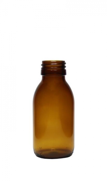 Glas-Sirupflasche100ml braun rund, rund, Mündung PP28   Lieferung ohne Verschluss, bei Bedarf bitte separat bestellen.